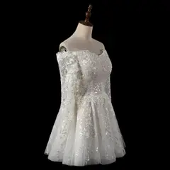 Off-the-Shoulder Lace Short — SW723 Ivory wedding dress, view 4