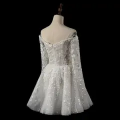 Off-the-Shoulder Lace Short — SW723 Ivory wedding dress, view 7
