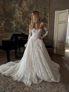 Off-the-Shoulder Long Sleeve Lace Corset — SW213 Ivory wedding dress, view 3