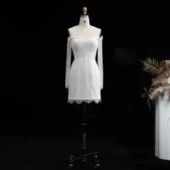 Off-the-Shoulder Long Sleeve Lace Mini — SW170 Ivory wedding dress, full-length back view