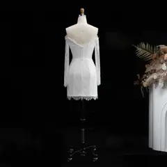 Off-the-Shoulder Long Sleeve Lace Mini — SW170 Ivory wedding dress, view 7