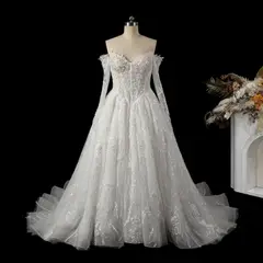 Off-the-Shoulder Long Sleeve Lace Tulle Ball Gown — SW702 Ivory wedding dress, full-length back view