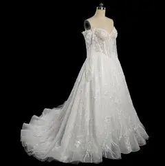 Off-the-Shoulder Long Sleeve Lace Tulle Ball Gown — SW702 Ivory wedding dress, full-length side view