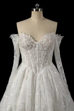 Off-the-Shoulder Long Sleeve Lace Tulle Ball Gown — SW702 Ivory wedding dress, view 4
