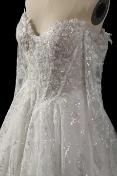 Off-the-Shoulder Long Sleeve Lace Tulle Ball Gown — SW702 Ivory wedding dress, view 5