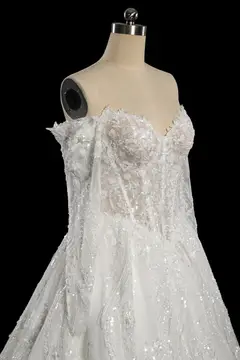 Off-the-Shoulder Long Sleeve Lace Tulle Ball Gown — SW702 Ivory wedding dress, view 6