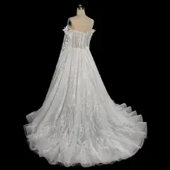 Off-the-Shoulder Long Sleeve Lace Tulle Ball Gown — SW702 Ivory wedding dress, view 7