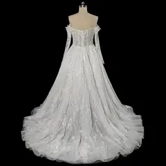Off-the-Shoulder Long Sleeve Lace Tulle Ball Gown — SW702 Ivory wedding dress, view 8