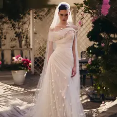 Off-the-Shoulder Ruched 3D Floral with Veil — SW233 Ivory wedding dress, full-length front view