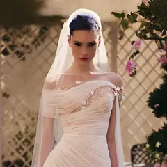 Off-the-Shoulder Ruched 3D Floral with Veil — SW233 Ivory wedding dress, full-length back view