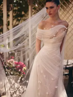 Off-the-Shoulder Ruched 3D Floral with Veil — SW233 Ivory wedding dress, full-length side view