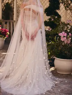 Off-the-Shoulder Ruched 3D Floral with Veil — SW233 Ivory wedding dress, view 5