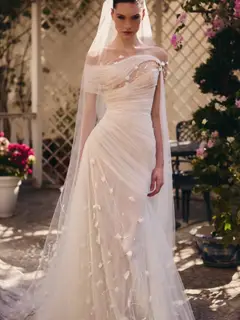 Off-the-Shoulder Ruched 3D Floral with Veil — SW233 Ivory wedding dress, view 6