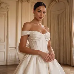 Off-the-Shoulder Satin with Large Bow — SW720 Ivory wedding dress, full-length back view