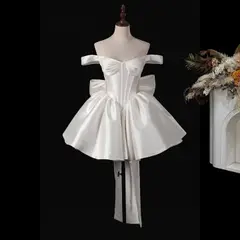 Off-the-Shoulder Satin with Large Bow — SW720 Ivory wedding dress, full-length side view