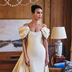 Off-the-Shoulder Satin with Puff Sleeves — SW230 Ivory wedding dress, full-length back view