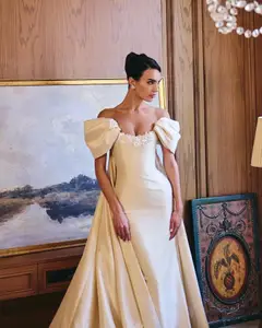 Off-the-Shoulder Satin with Puff Sleeves — SW230 Ivory wedding dress, full-length side view