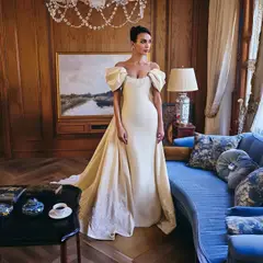 Off-the-Shoulder Satin with Puff Sleeves — SW230 Ivory wedding dress, view 4