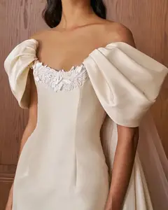 Off-the-Shoulder Satin with Puff Sleeves — SW230 Ivory wedding dress, view 5