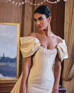 Off-the-Shoulder Satin with Puff Sleeves — SW230 Ivory wedding dress, view 7