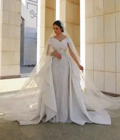 Off-the-Shoulder Train with Veil — SW031 Ivory wedding dress, full-length back view