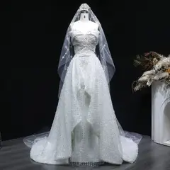 Off-the-Shoulder Train with Veil — SW031 Ivory wedding dress, full-length side view