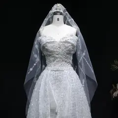 Off-the-Shoulder Train with Veil — SW031 Ivory wedding dress, view 4