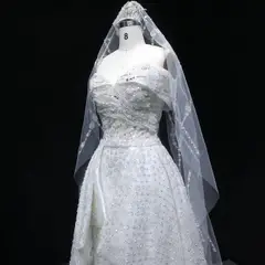 Off-the-Shoulder Train with Veil — SW031 Ivory wedding dress, view 5