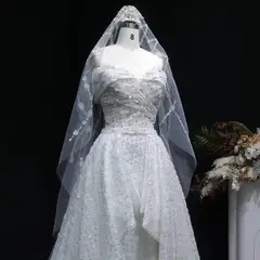 Off-the-Shoulder Train with Veil — SW031 Ivory wedding dress, view 8