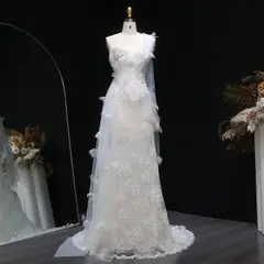 One-Shoulder Lace Ruched Bow Mermaid — SW638 Ivory wedding dress, full-length front view