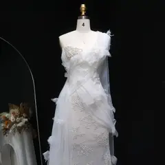 One-Shoulder Lace Ruched Bow Mermaid — SW638 Ivory wedding dress, full-length back view
