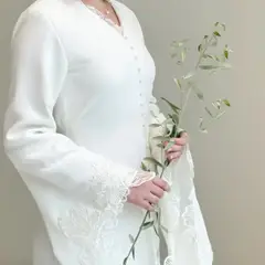 Pearl High Neck Long Sleeve with Veil — SW584 Ivory wedding dress, full-length back view