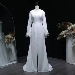 Pearl High Neck Long Sleeve with Veil — SW584 Ivory wedding dress, full-length side view