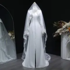 Pearl High Neck Long Sleeve with Veil — SW584 Ivory wedding dress, view 6