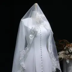 Pearl High Neck Long Sleeve with Veil — SW584 Ivory wedding dress, view 7