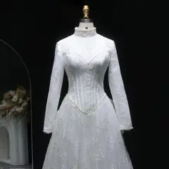 Pearl Long Sleeve Lace — SW514 Ivory wedding dress, full-length back view