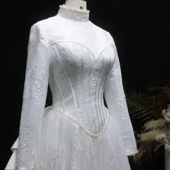 Pearl Long Sleeve Lace — SW514 Ivory wedding dress, full-length side view