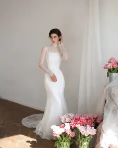 Printed Crystal Sheer Lace Mermaid — SW539 Ivory wedding dress, full-length side view