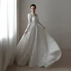 Printed Lace High Neck with Train — SW537 Ivory wedding dress, full-length front view
