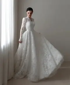 Printed Lace High Neck with Train — SW537 Ivory wedding dress, full-length back view