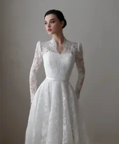 Printed Lace High Neck with Train — SW537 Ivory wedding dress, full-length side view