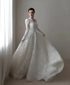 Printed Lace High Neck with Train — SW537 Ivory wedding dress, view 5