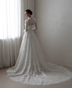 Printed Lace High Neck with Train — SW537 Ivory wedding dress, close-up detail