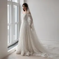 Printed Off Shoulder — SW538 Ivory wedding dress, full-length front view