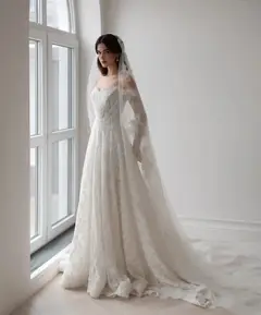 Printed Off Shoulder — SW538 Ivory wedding dress, full-length side view