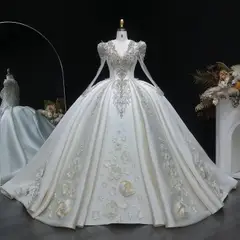 Satin 3D Floral Long Sleeve Embroidered — SW601 Ivory wedding dress, full-length front view