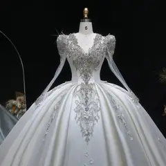 Satin 3D Floral Long Sleeve Embroidered — SW601 Ivory wedding dress, full-length back view