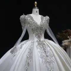 Satin 3D Floral Long Sleeve Embroidered — SW601 Ivory wedding dress, full-length side view