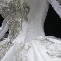Satin 3D Floral Long Sleeve Embroidered — SW601 Ivory wedding dress, view 6