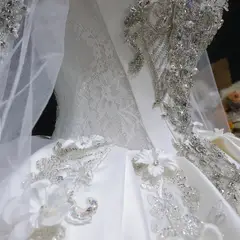 Satin 3D Floral Long Sleeve Embroidered — SW601 Ivory wedding dress, view 7